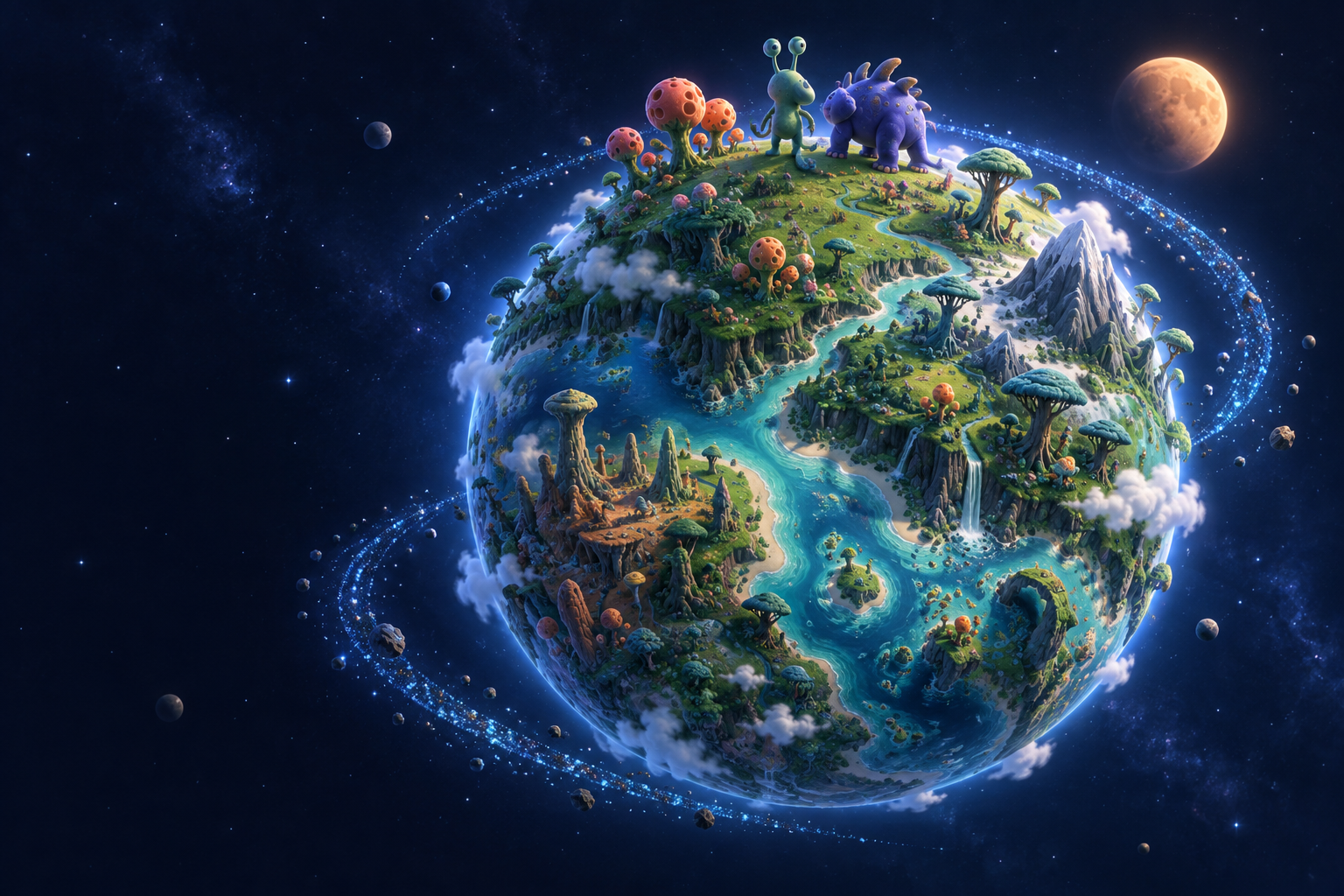 Two little alien creatures together on a lush planet in a star-filled universe.